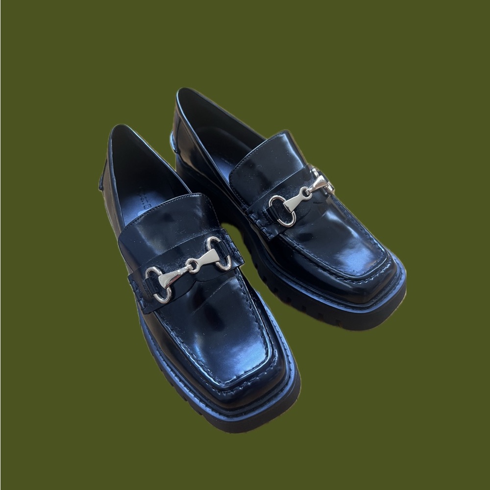 Open Edit Black Square Toe Loafers with Gold Buckles